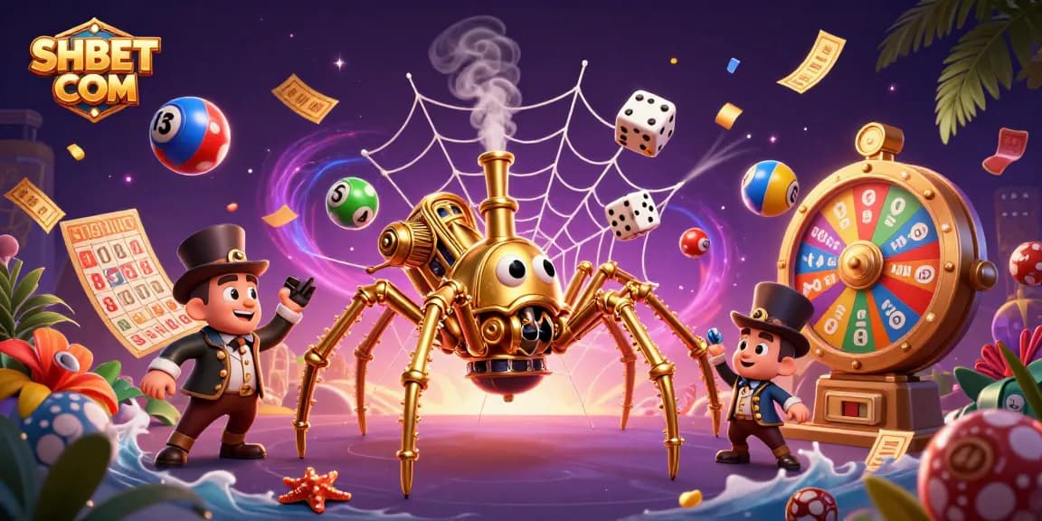 Join the excitement at SHBET COM as the golden spider catches dice and lottery balls in a vibrant casino scene.
