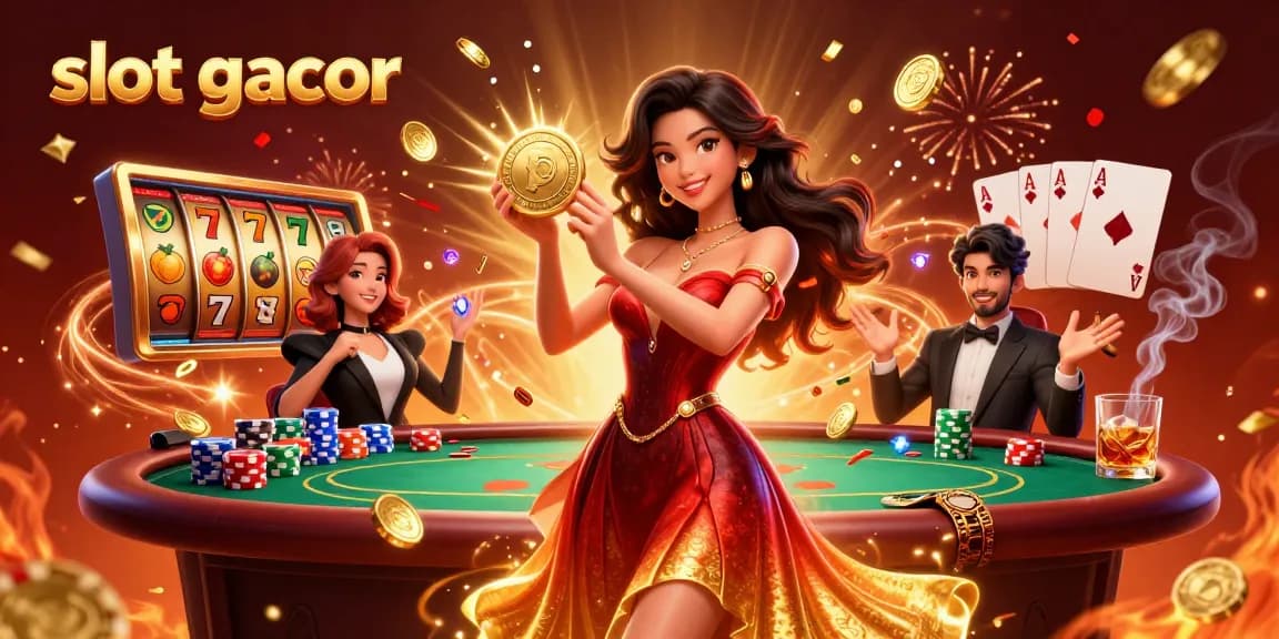 Experience the excitement of slot gacor with a stunning casino illustration highlighting a glamorous player and dynamic game elements.
