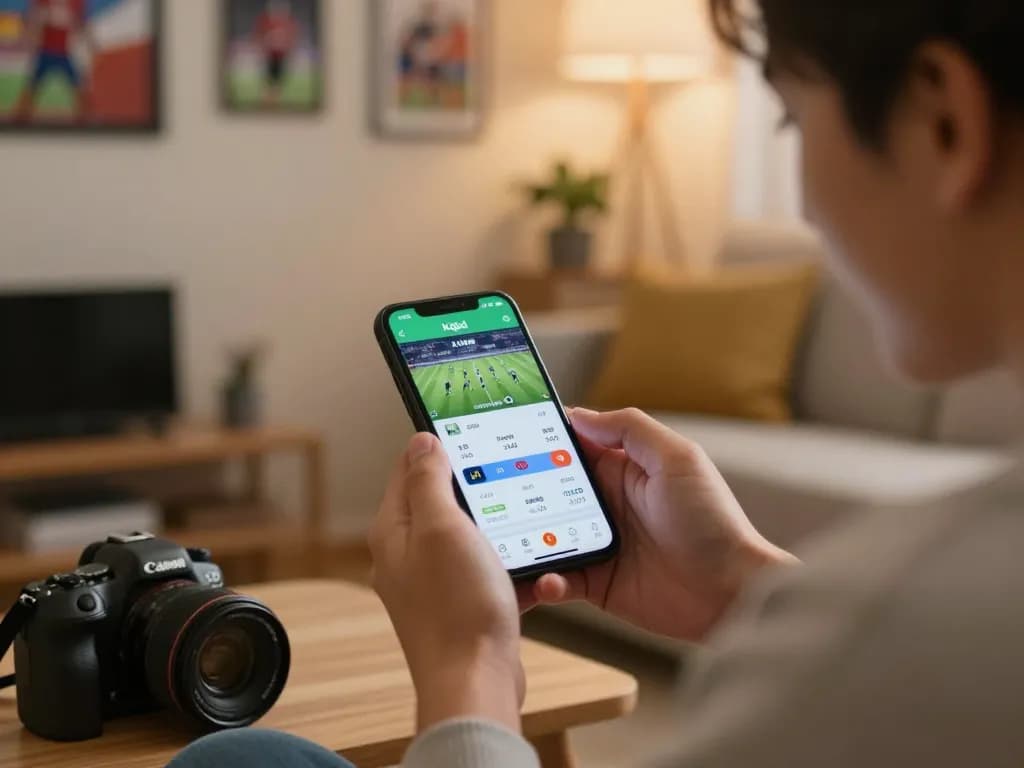 Player checking kqbd for live football scores on smartphone during an exciting sports betting session at home.
