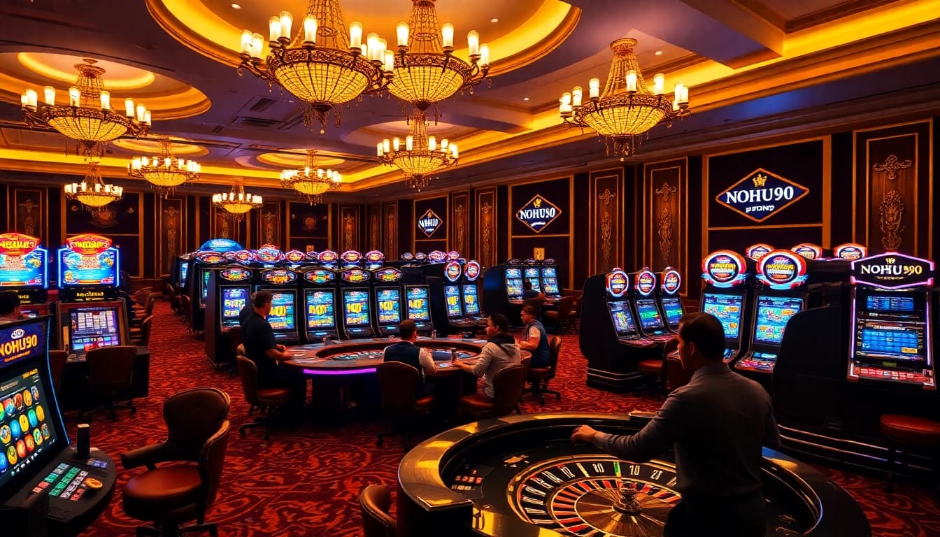 Experience thrilling games at https://nohu90.tools/ with vibrant casino interiors and joyful players.
