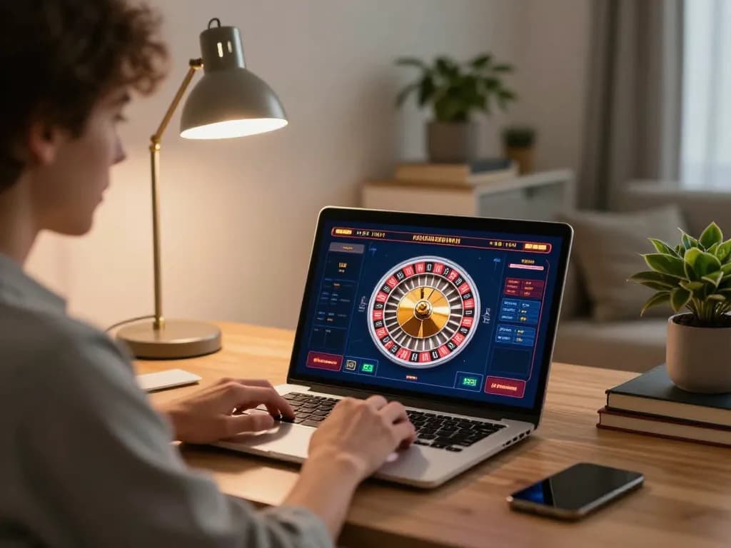 Player enjoying a virtual roulette game on ko66 com in a stylish home office setting.