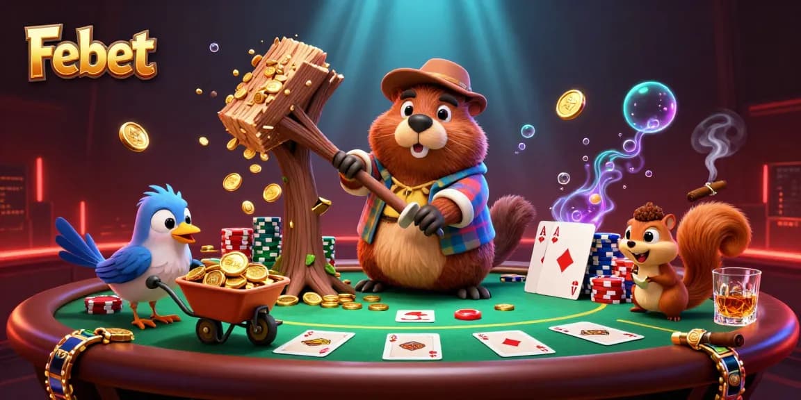 Experience Febet's thrilling casino vibes where the cartoon beaver chops trees for gold coins amidst poker excitement.