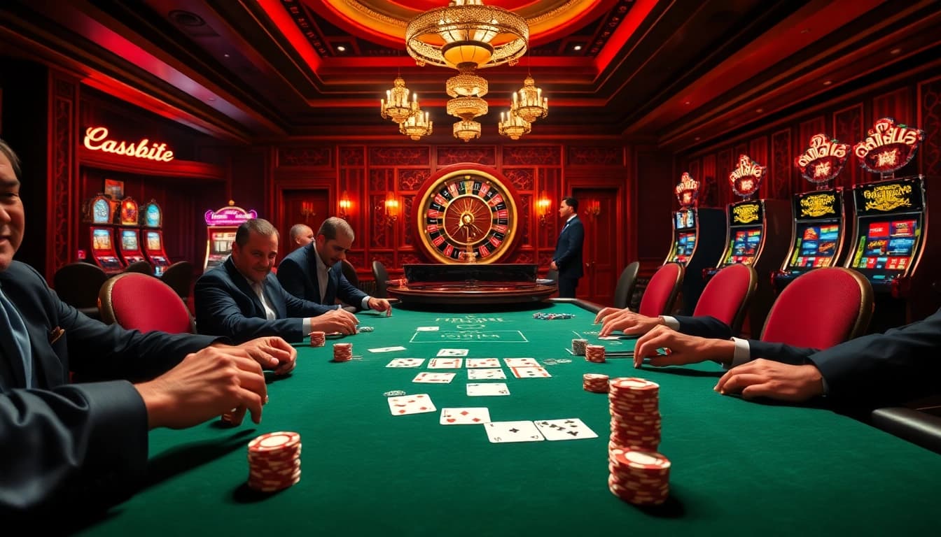 Watch intense poker action at https://hm88.hiphop/, featuring players, chips, and a roulette wheel.
