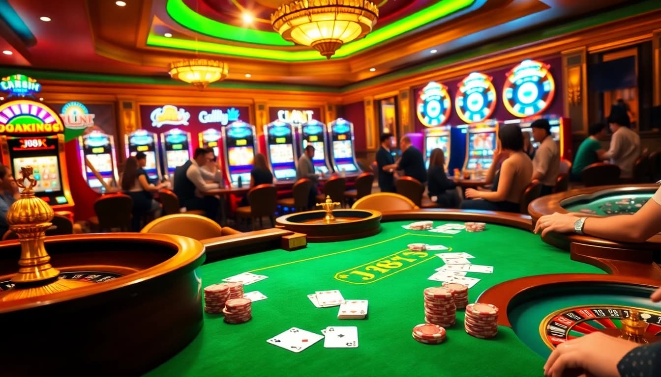 Engaging poker scene featuring j88 chips amidst vibrant casino action