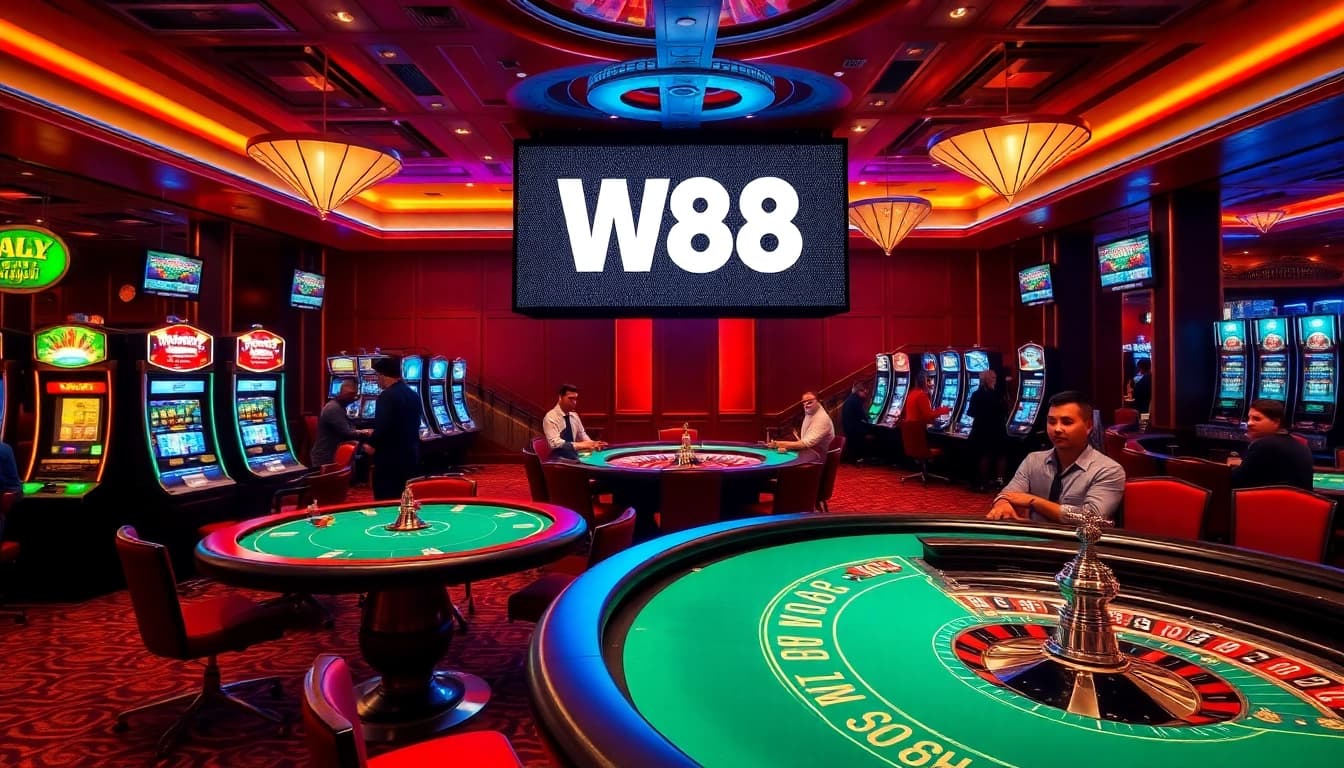 W88 poker players enjoy a high-stakes game in a luxurious casino environment.