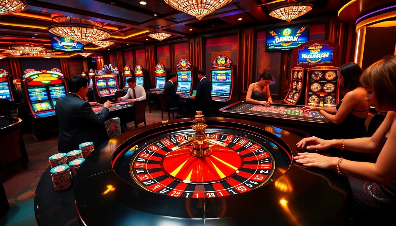 Keluaran HK displayed on a vibrant online gaming interface, featuring players at a casino table.