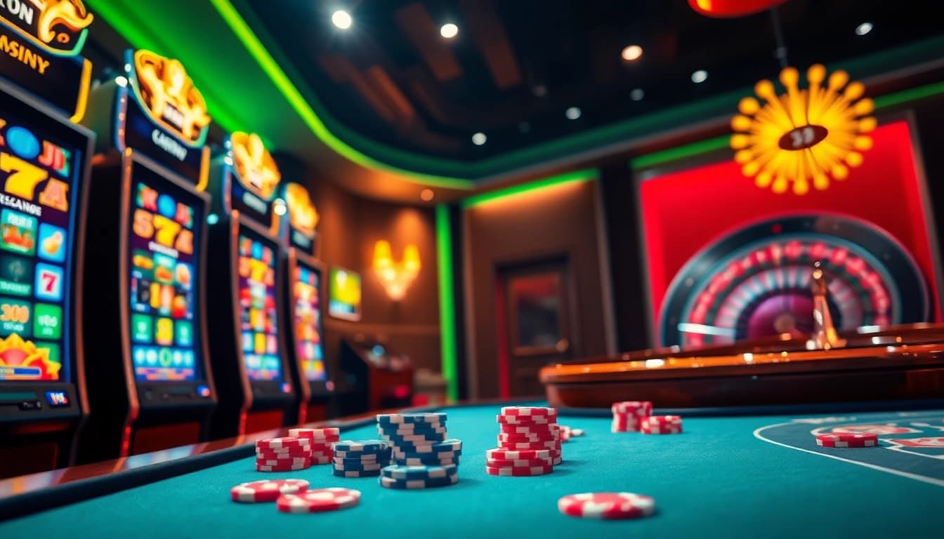 Engaging casino scene showcasing a roulette wheel and vibrant slot machines at s8.