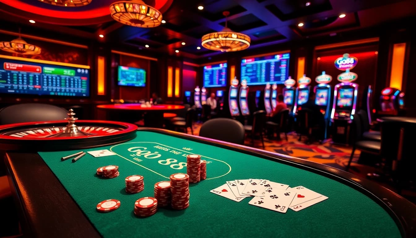The go88 casino scene showcases players at a lively poker table with vibrant cards and chips.