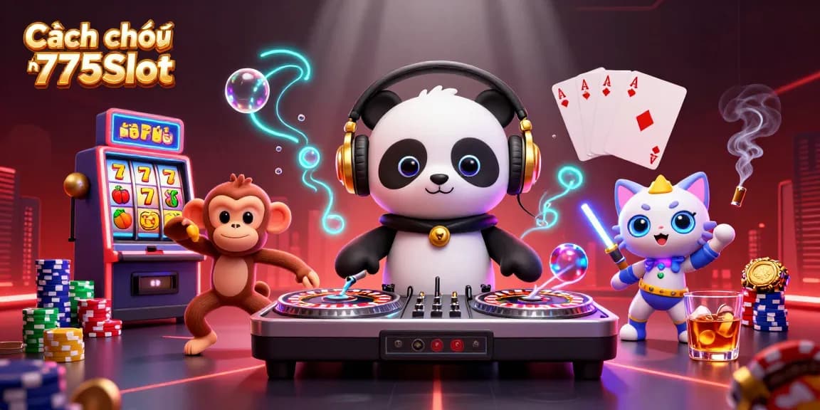Cách chơi nổ hũ 777Slot illustration featuring a DJ panda, monkey, and kitten amidst slot reels and poker chips.