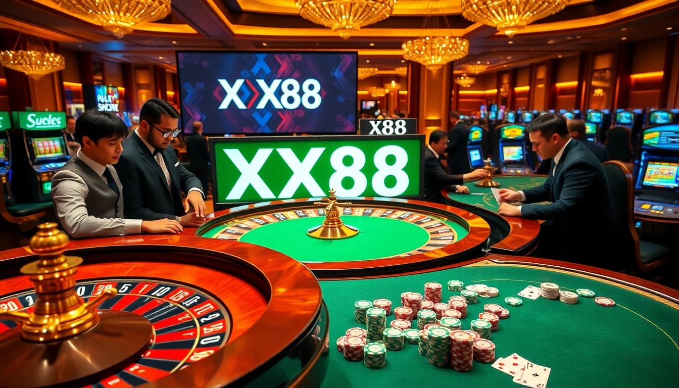 Experience the excitement of gambling with XX88 at a vibrant casino table featuring roulette, cards, and chips.