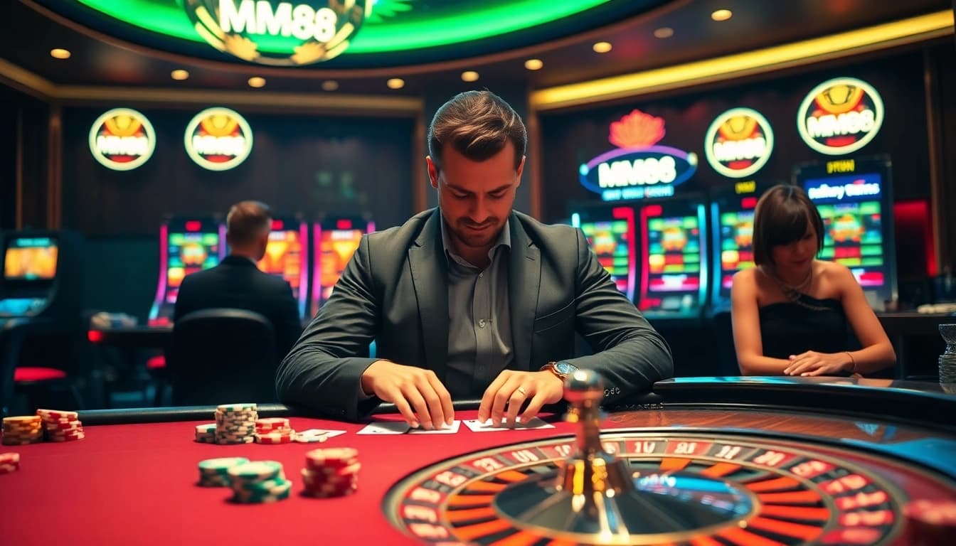 Experience the excitement of MM88 in a vibrant casino atmosphere with players at the tables.