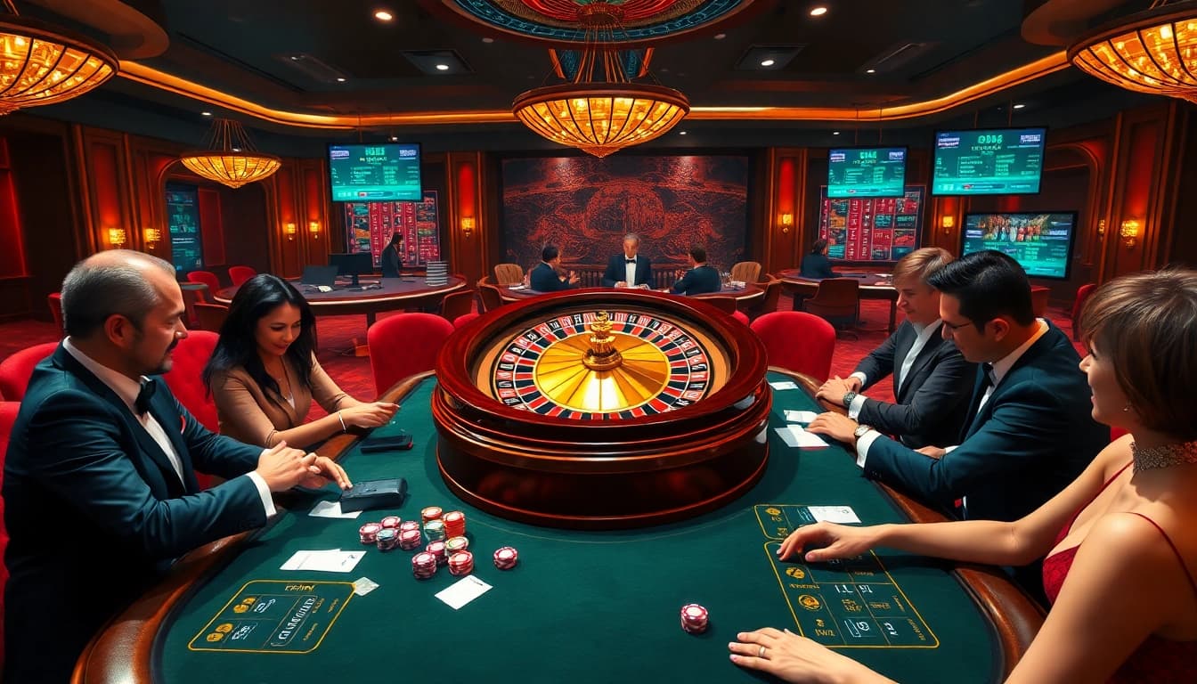 Experience the thrill of gambling at https://keonhacai5.free with a vibrant casino scene featuring poker players and betting action.