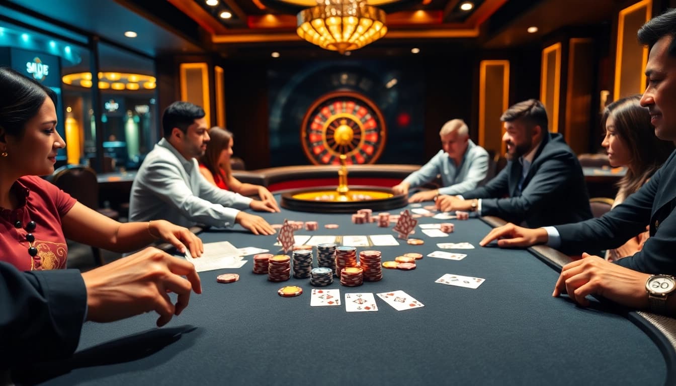 Players enjoy a thrilling poker game at a luxurious casino, highlighting the excitement of apiraja88.