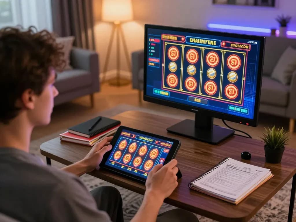 Player engaging in online slot gameplay with tablet, showcasing strategic approach to gaming