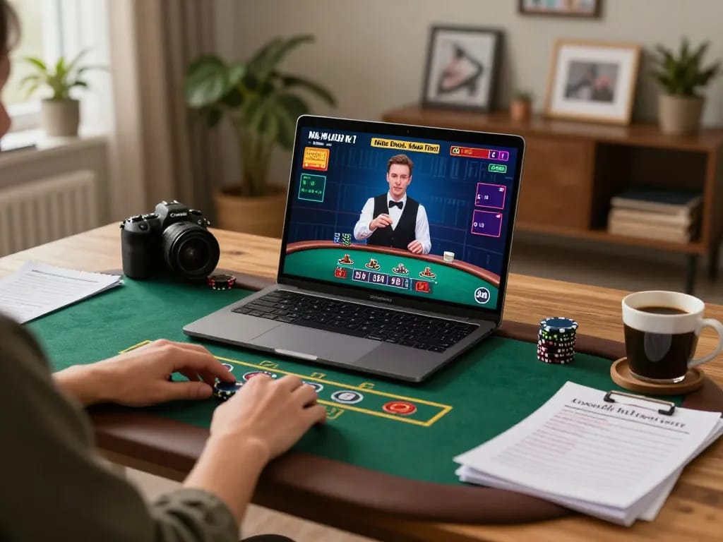 Player engaged in fly88 live dealer blackjack online, enjoying comfortable home setup.