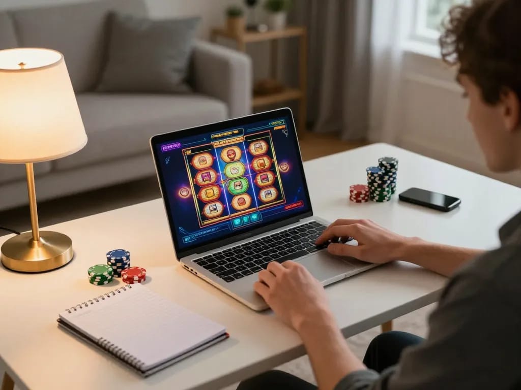 Engaging in online casino Malaysia gaming on a laptop with strategic notes and vibrant interface
