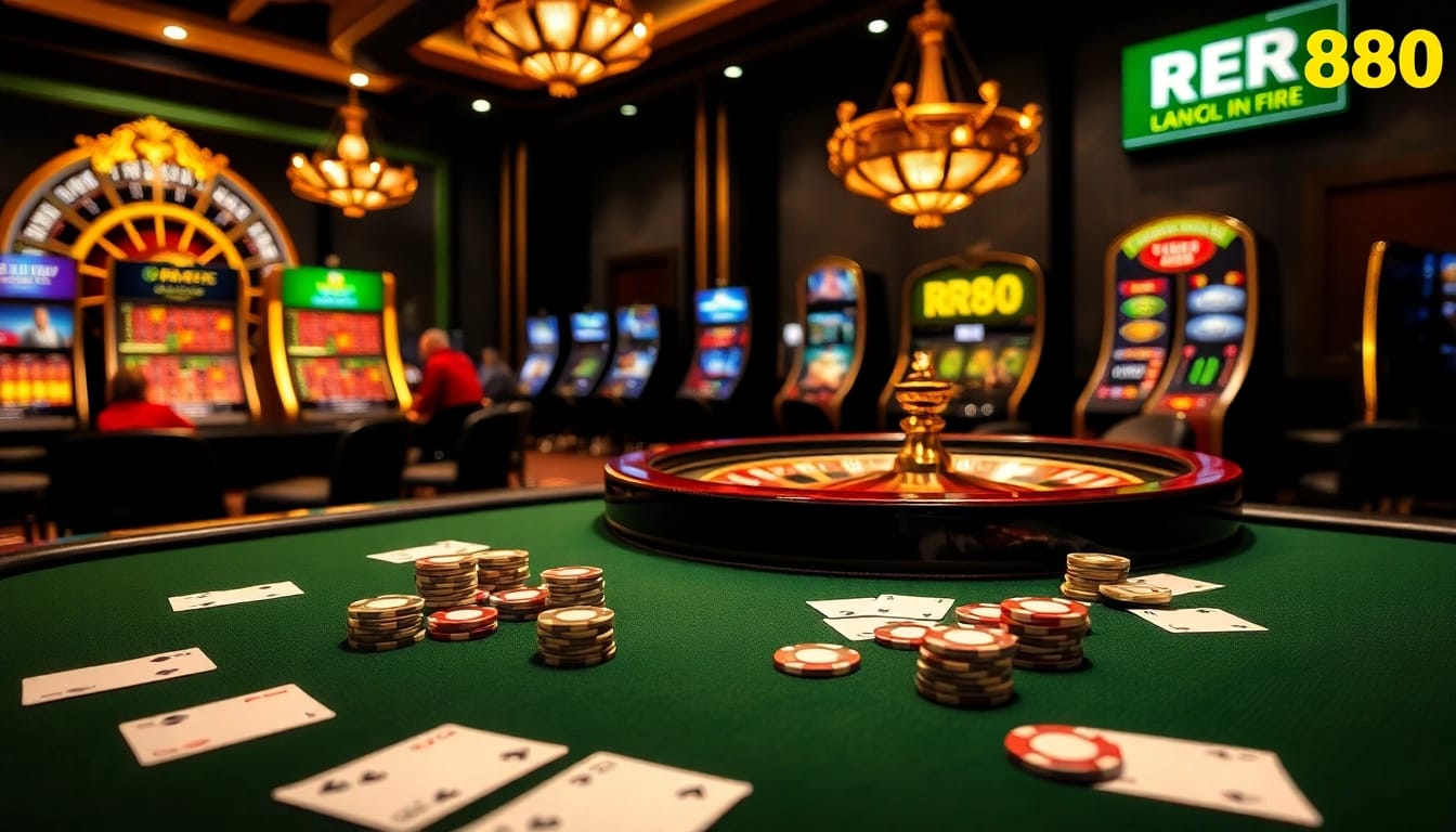 RR88 casino scene with poker table and roulette wheel, capturing the thrill of gambling.