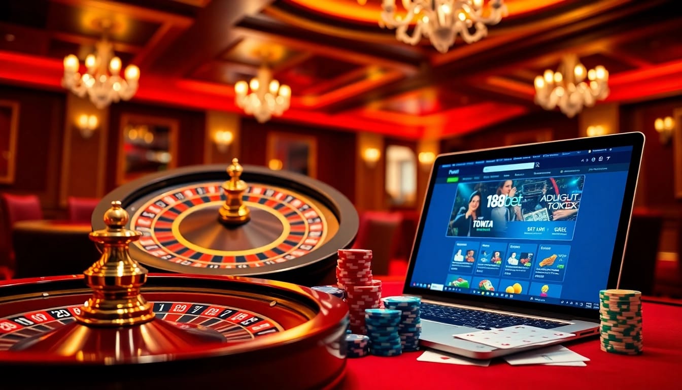 Engaging scene of players enjoying poker and roulette at 188bet casino.