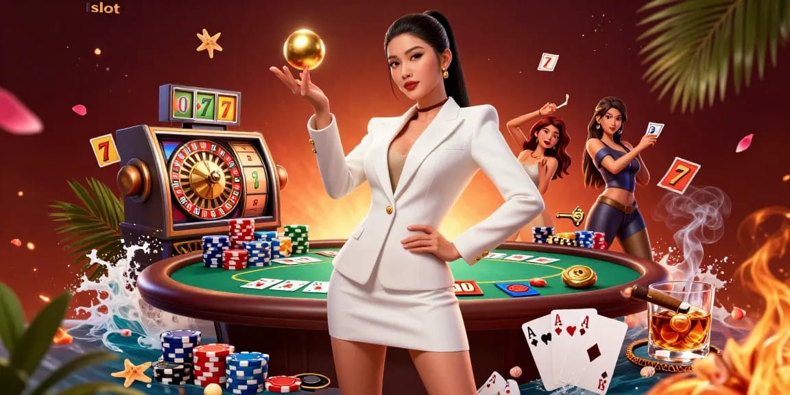 Experience spinning slots with vibrant visuals and dynamic casino elements in this 3D illustration.