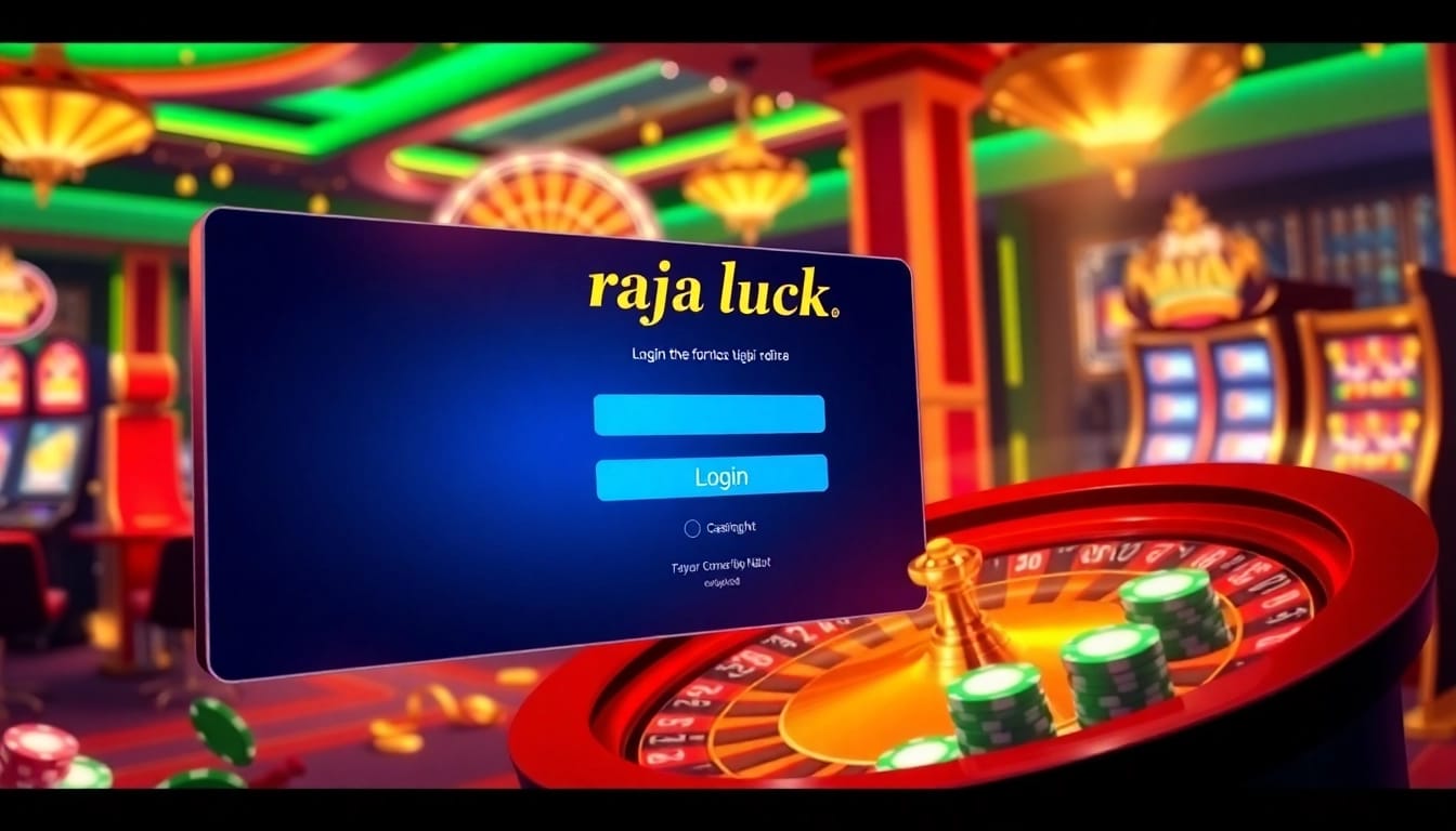 View the raja luck login interface featuring luxurious casino elements like poker chips and slot machines.