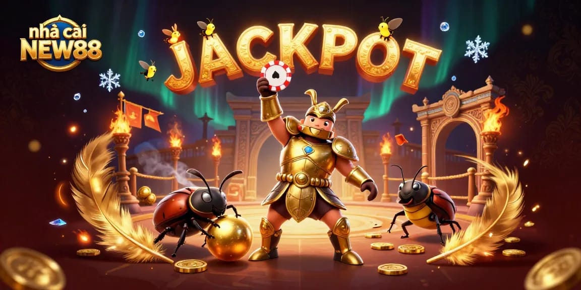 Engaging illustration showcasing nhà cái NEW88 with a heroic beetle character celebrating a jackpot!
