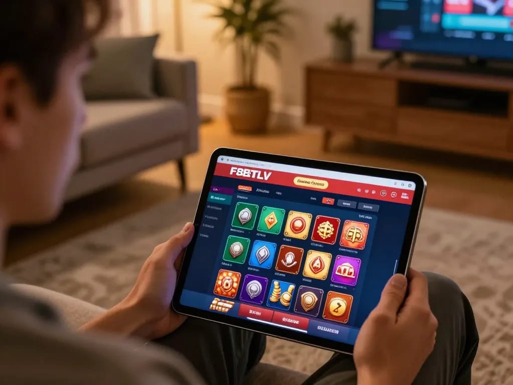 Engaging online gaming session featuring F8BETLV interface on a tablet in a cozy living room