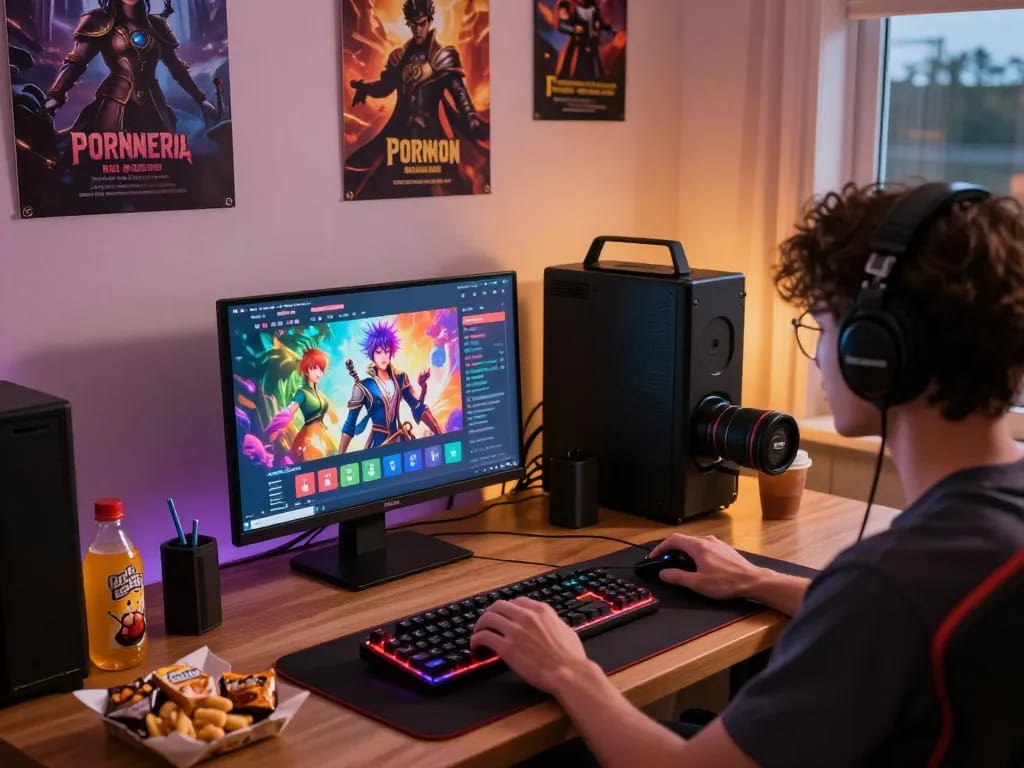 Engaging scene of person playing porngames on a stylish desk with colorful game visuals.