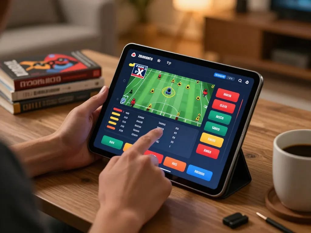 Betting on QE8 with a tablet in a cozy home setting, emphasizing strategic sports gambling