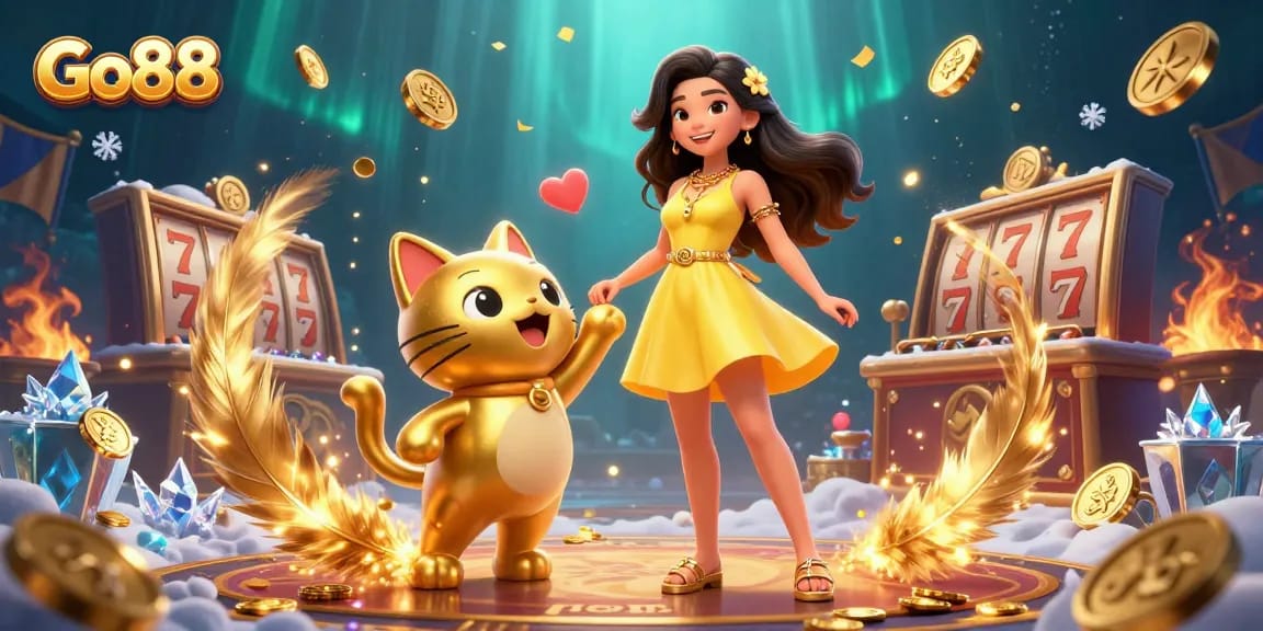 Experience the excitement of Go88 with the cheerful Asian woman and golden lucky cat amidst vibrant casino elements.
