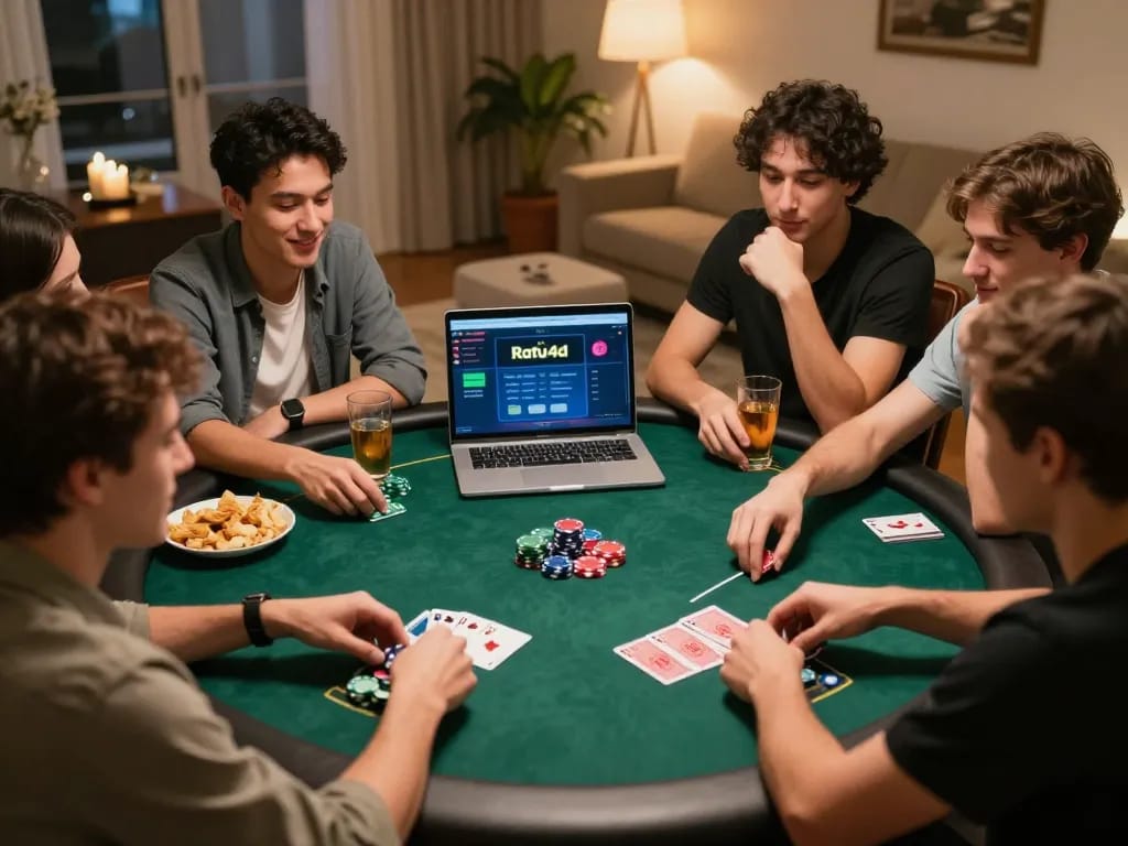 Friends engaging in a lively Ratu4d online poker night, with chips and cards in play.