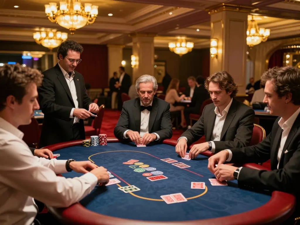 Engaged players at MM88 casino table during intense poker game, highlighting strategic gameplay.