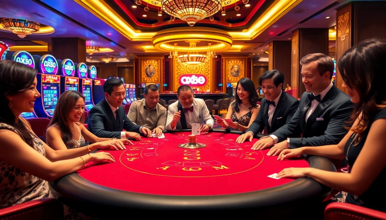 AX88 gaming table in a luxurious casino setting with excited players and vibrant slots.