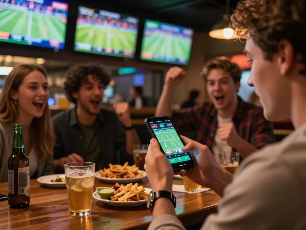 Interaksi menarik dengan smartphone yang menampilkan pembaruan Skor Langsung di bar olahraga yang ramai selama pertandingan