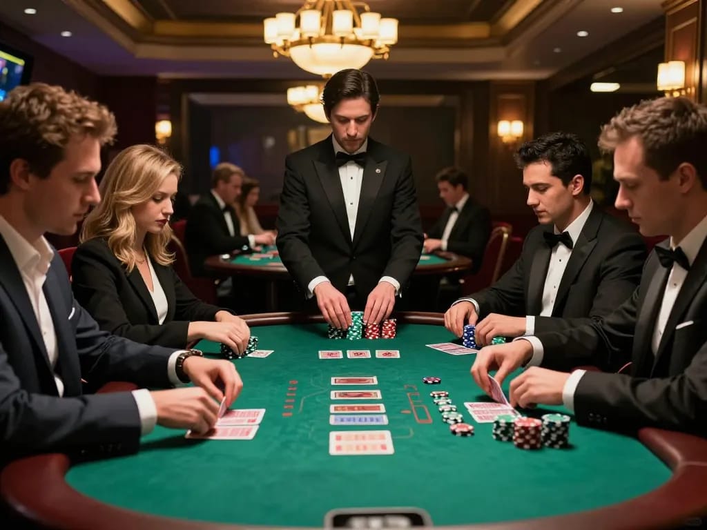 33win's blackjack table scene showing focused players and professional dealer, highlighting strategy and excitement.