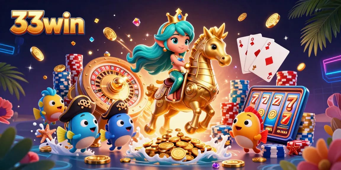 Win big with 33win in a vibrant, action-packed casino scene featuring mermaid elements and colorful graphics.