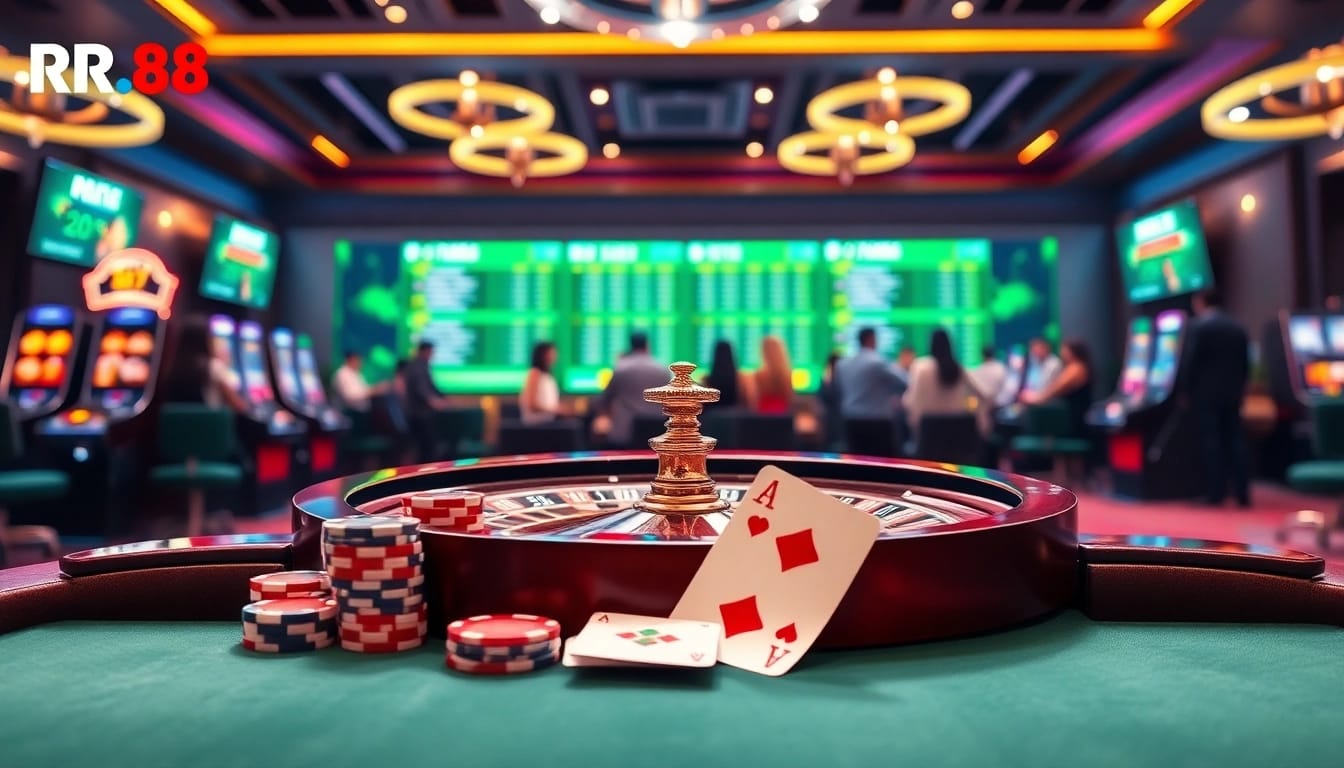 Engaging scene of casino activities on Trang Chủ RR88 featuring roulette, poker chips, and online gameplay.