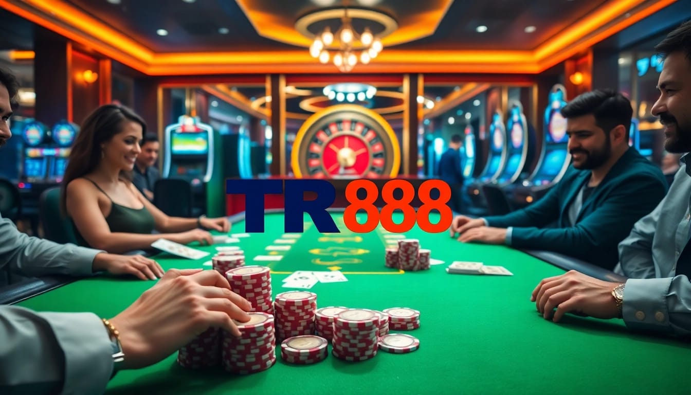 Engaged players at TR88 casino, winning with vibrant chips and cards.