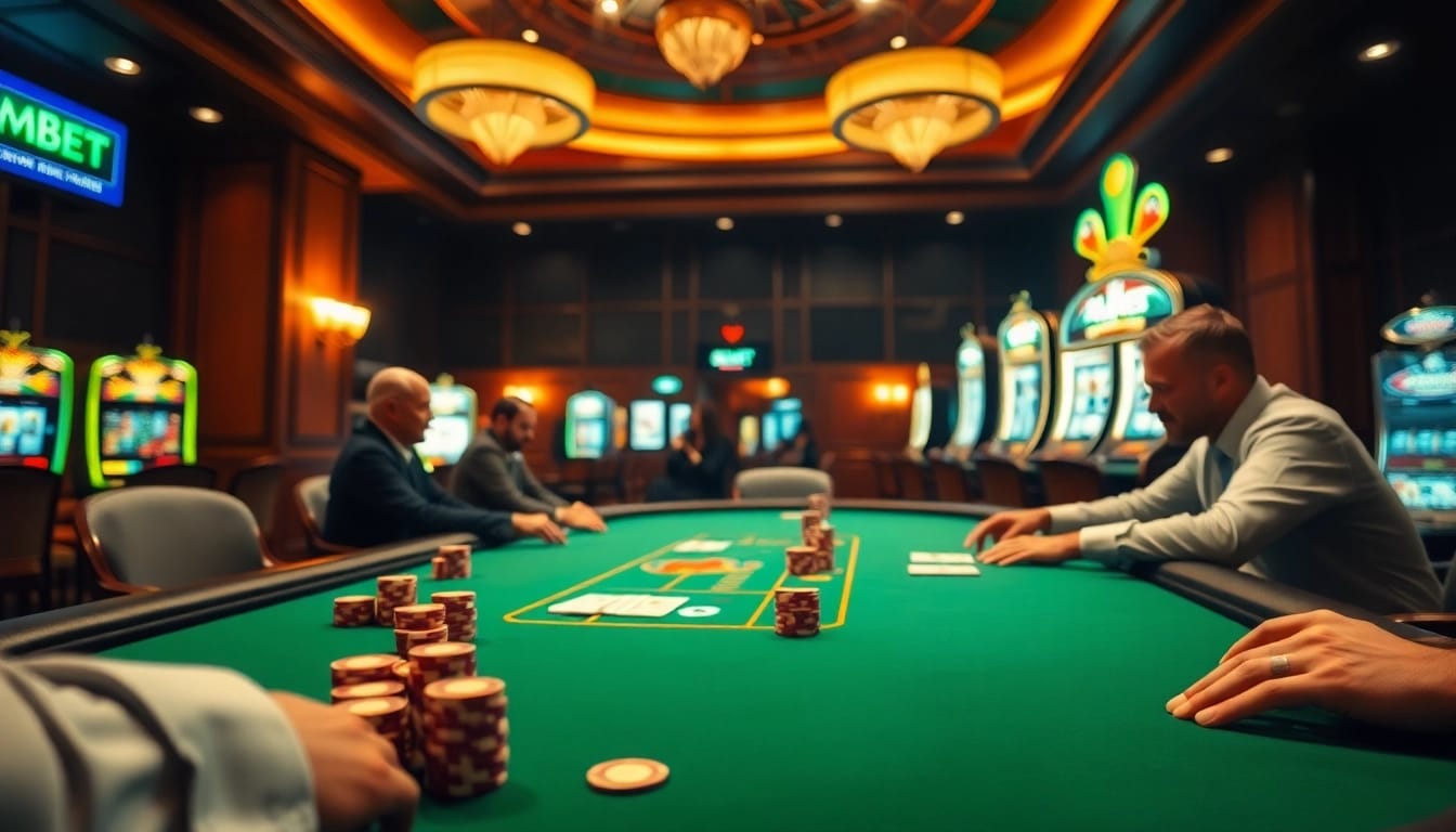 Experience the excitement at GemBet Betting Site, featuring intense poker action and vivid casino decor.