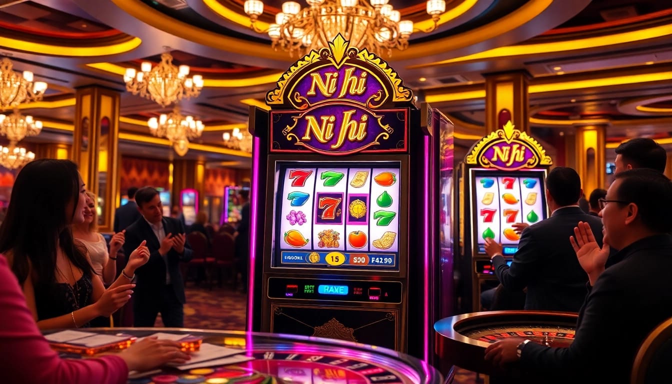 Nổ hũ slot machine featuring vibrant visuals and excited players in a luxurious casino setting.