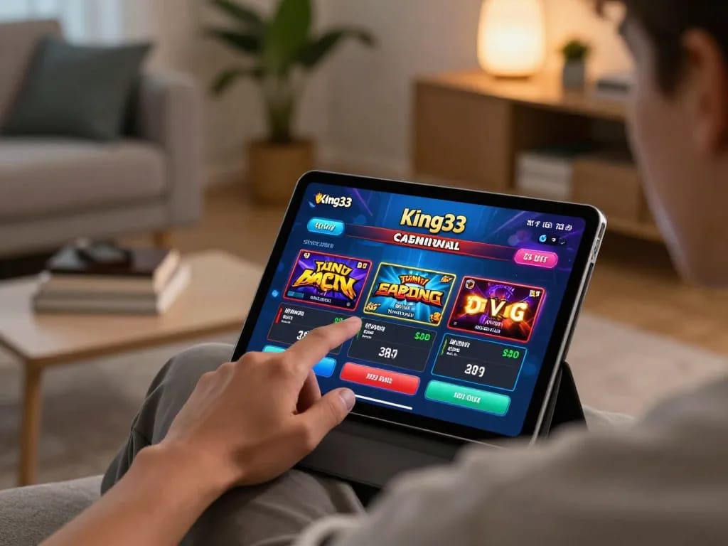 Player enjoying the king33 casino app on a tablet, showcasing online gambling strategy in a cozy setting.
