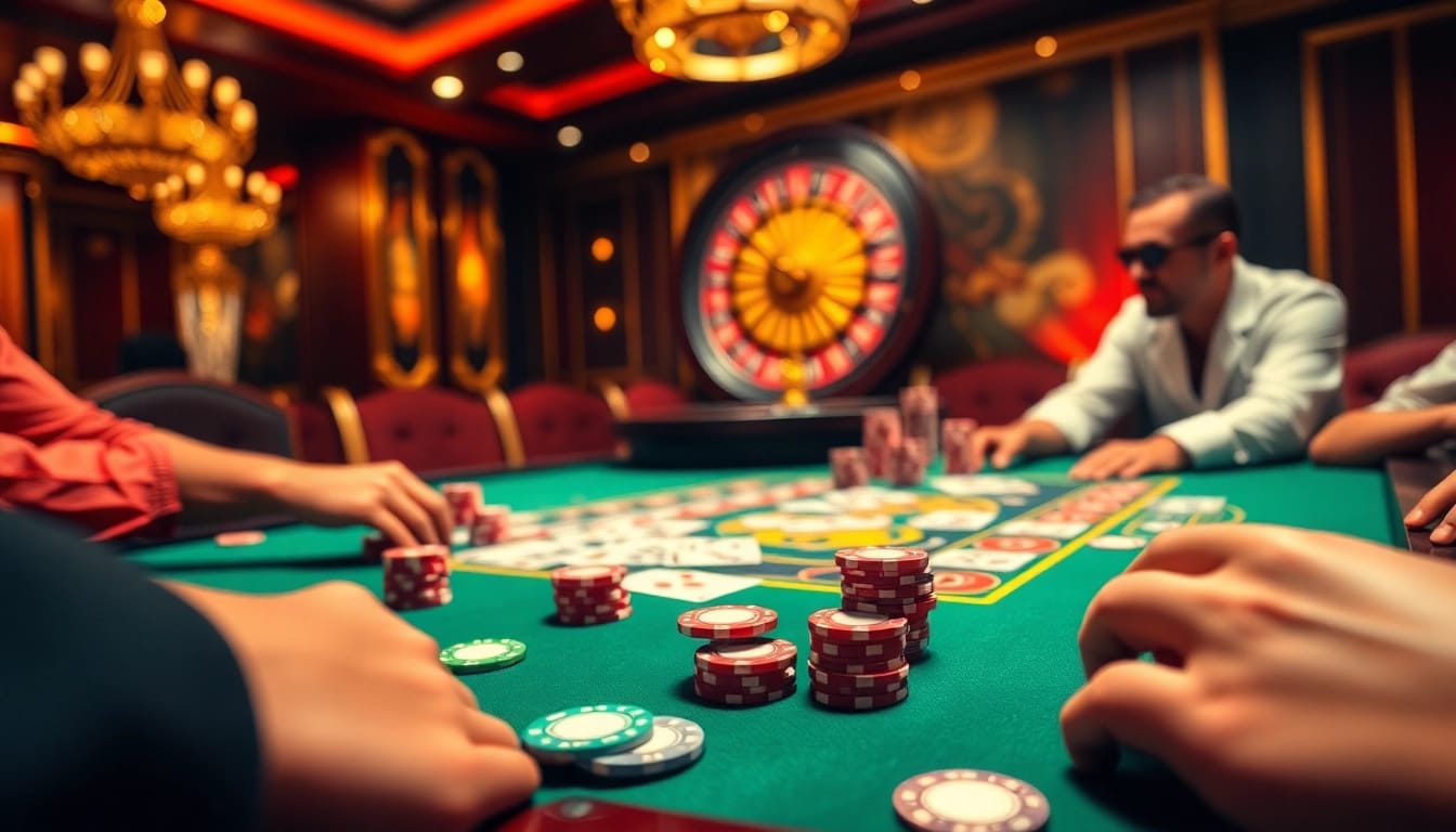 789WIN poker players enjoying a high-stakes game at a luxurious casino table.