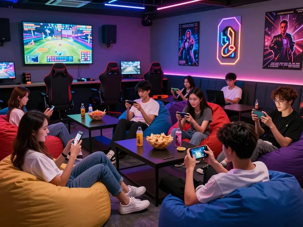 Friends enjoying mobile porn games in a vibrant gaming lounge with snacks and colorful lights.