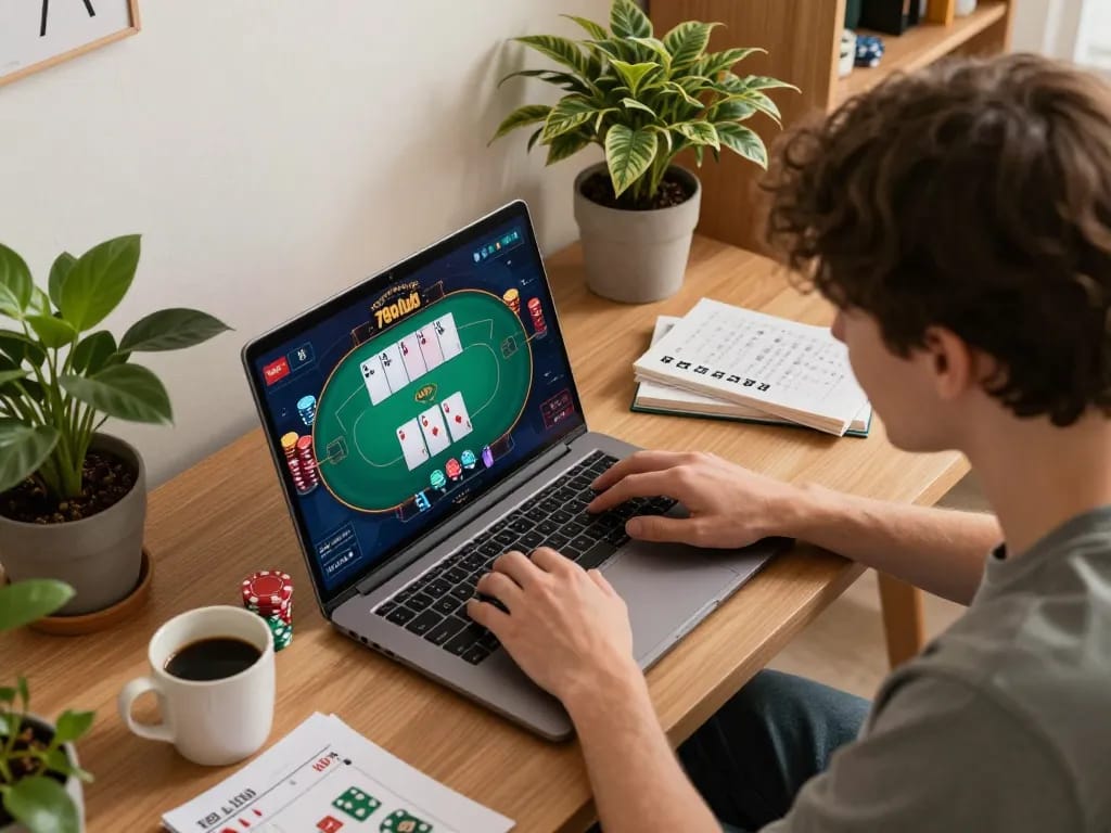 Engaging with 789club online poker interface on a laptop in a cozy home setting.