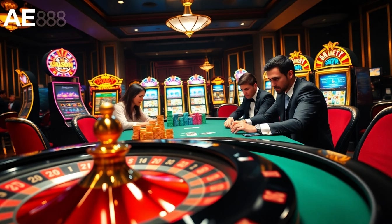Experience an exciting AE888 poker game with professional players at a vibrant casino table.