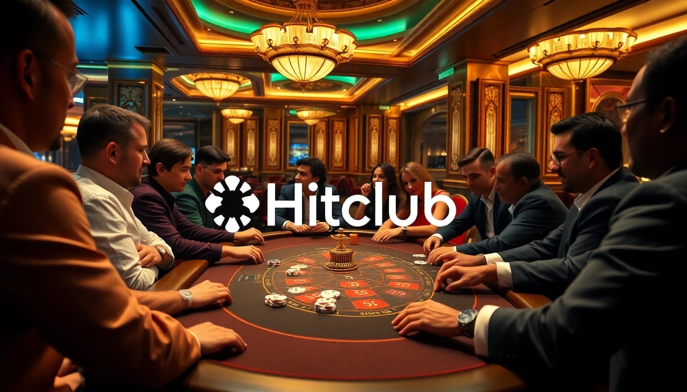 Players enjoying a high-stakes poker game at Hitclub Casino, showcasing intense focus and lavish surroundings.