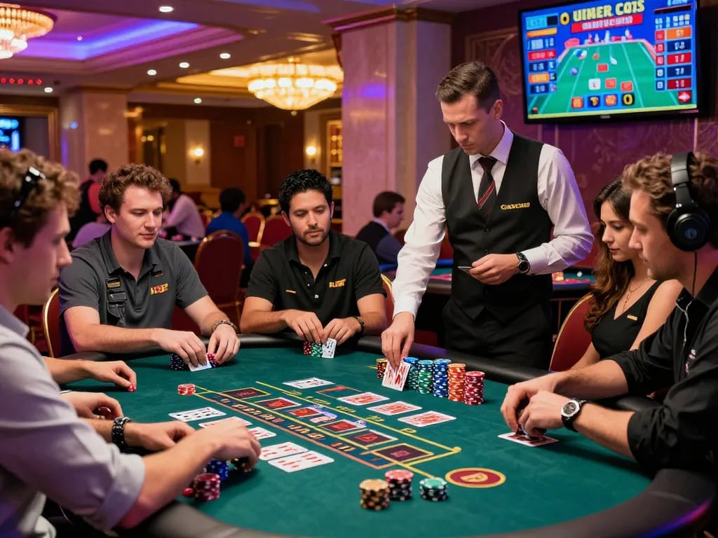 Exciting free credit baccarat scene with players engaged at a live casino table, vibrant atmosphere, professional dealer, and immersive gaming experience.