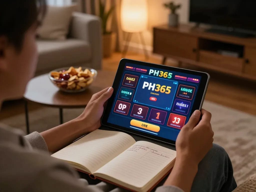 Player engaging with PH365's live casino games on a tablet in a cozy home setting.