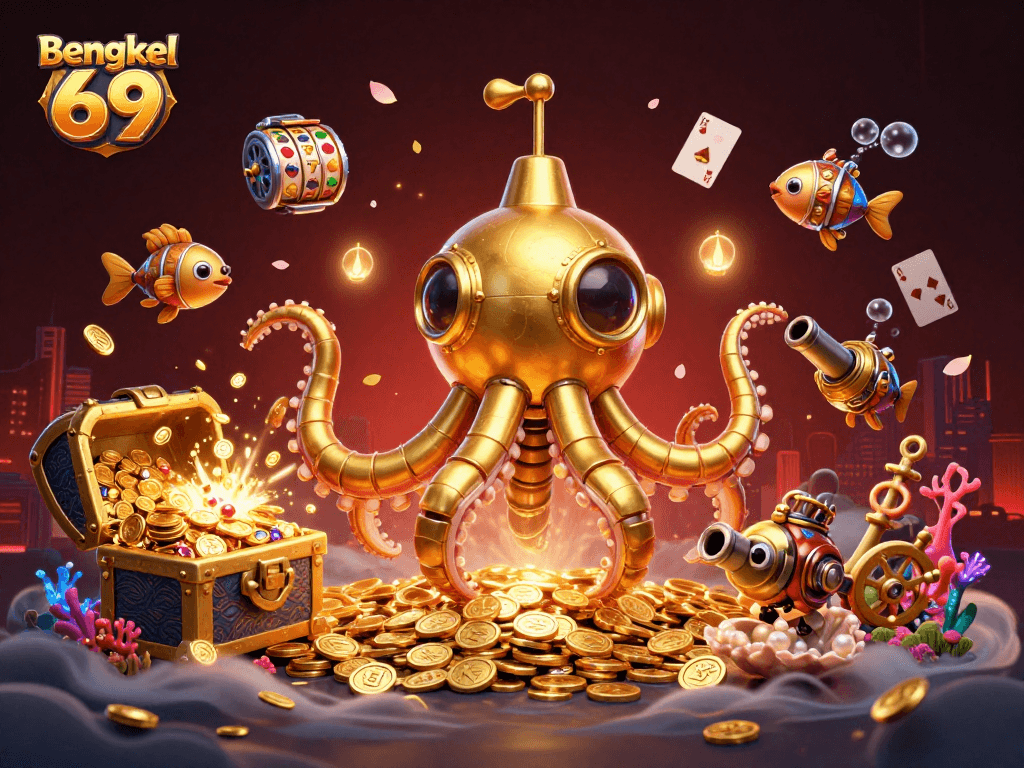 Bengkel 69 showcases an explosion of casino elements in a dynamic underwater scene filled with treasures.