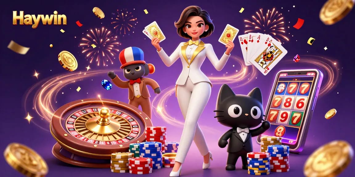 Play exciting games with Haywin featuring a glamorous woman, poker chips, and sparkling elements.