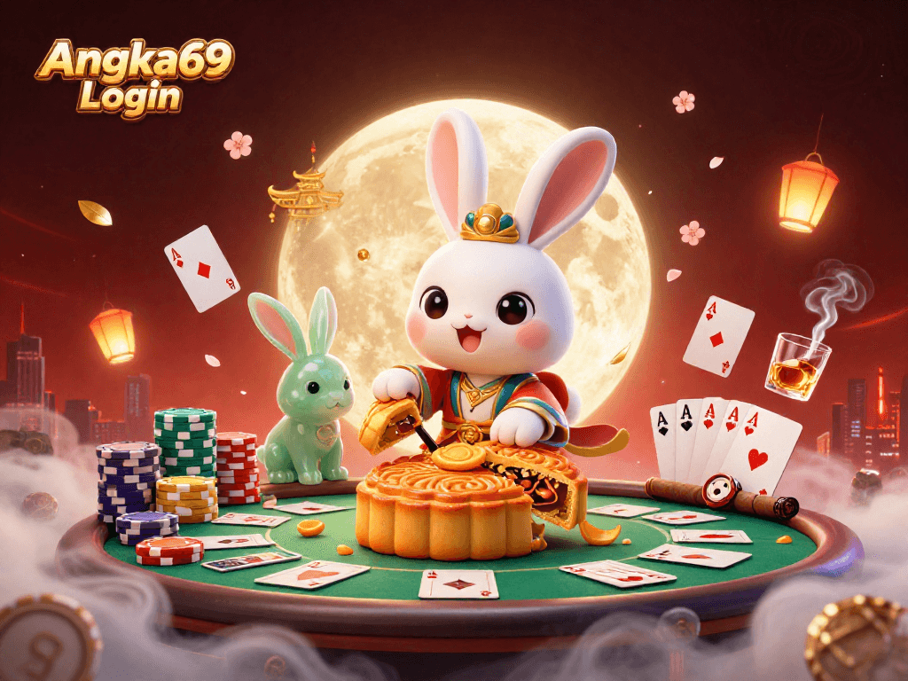 Engage with Angka69 Login at a vibrant casino scene featuring poker chips and playful moon rabbits.